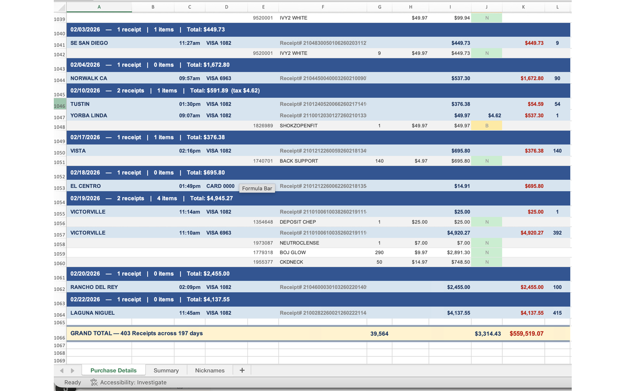 Receipt Pro Excel Export — styled purchase details with date and store hierarchy