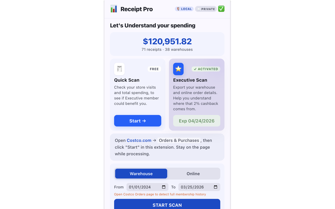Receipt Pro MAX Popup — scan warehouse receipts and online orders